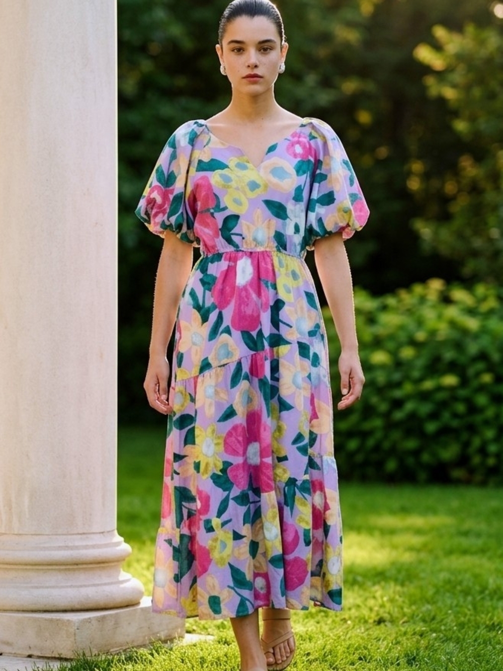 Umgee Multi-Color Floral Puff-Sleeve Dress
